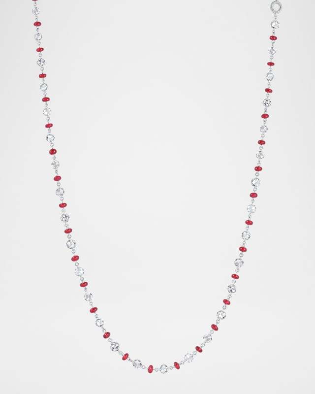 18K White Gold Diamond and Ruby Station Necklace, 16"-18"L, 4.15ctw